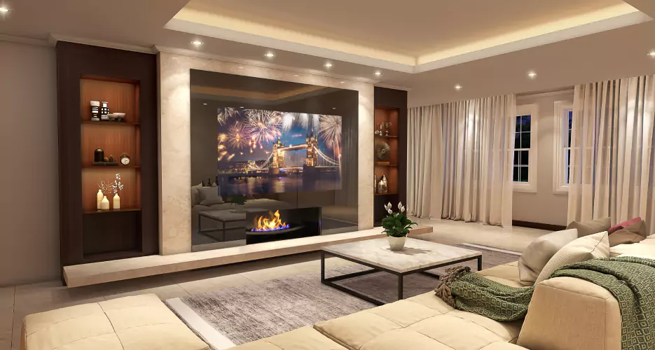 Entertainment room with a full customize mirror television.