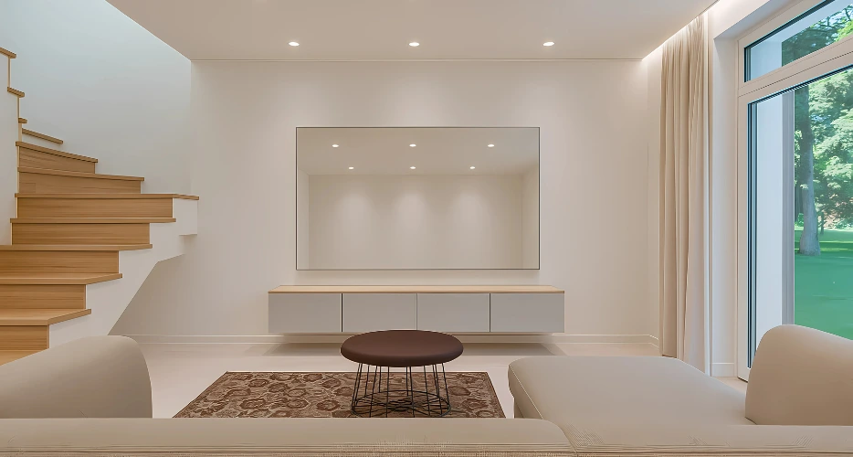 A stylish living room featuring a custom mirror TV above a minimalist console, blending modern design with functionality