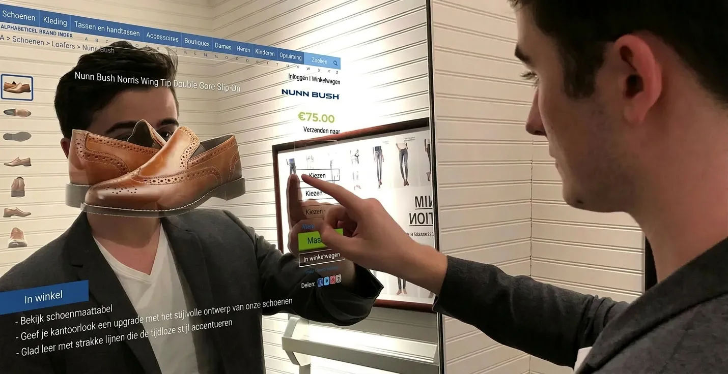 An automated mirror touch screen for a shoe salon.