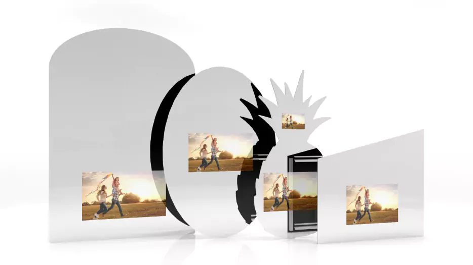 Four different shapes of custom mirror TV in a white space.